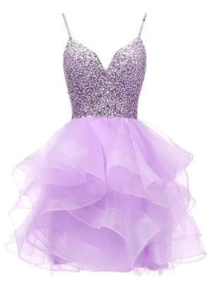 Light Purple Tulle Beaded Short Homecoming Dress, Light Purple Short Prom Dress