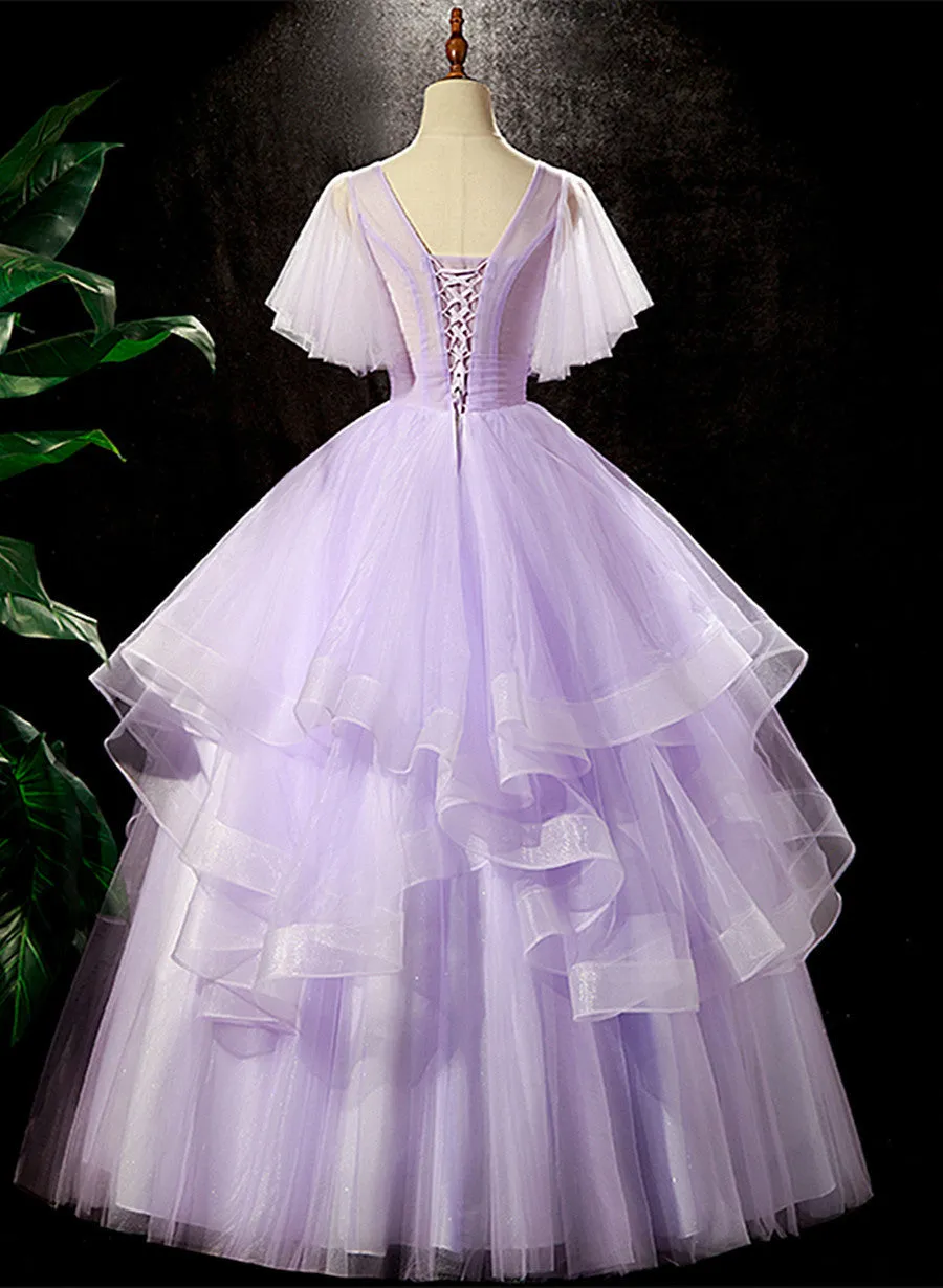 Light Purple Tulle with Flowers Cute Long Party Dress, Purple Sweet 16 Dress