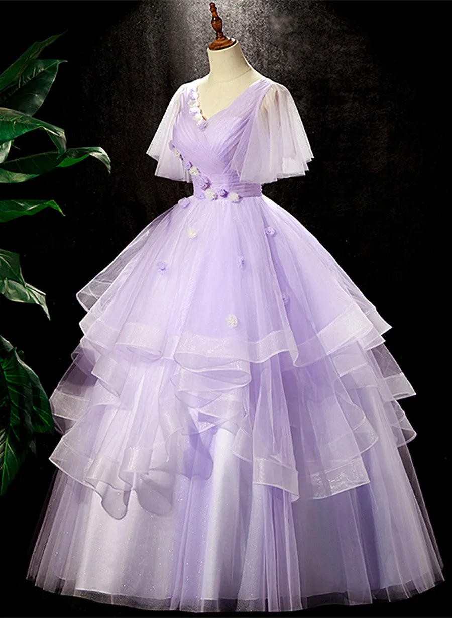 Light Purple Tulle with Flowers Cute Long Party Dress, Purple Sweet 16 Dress