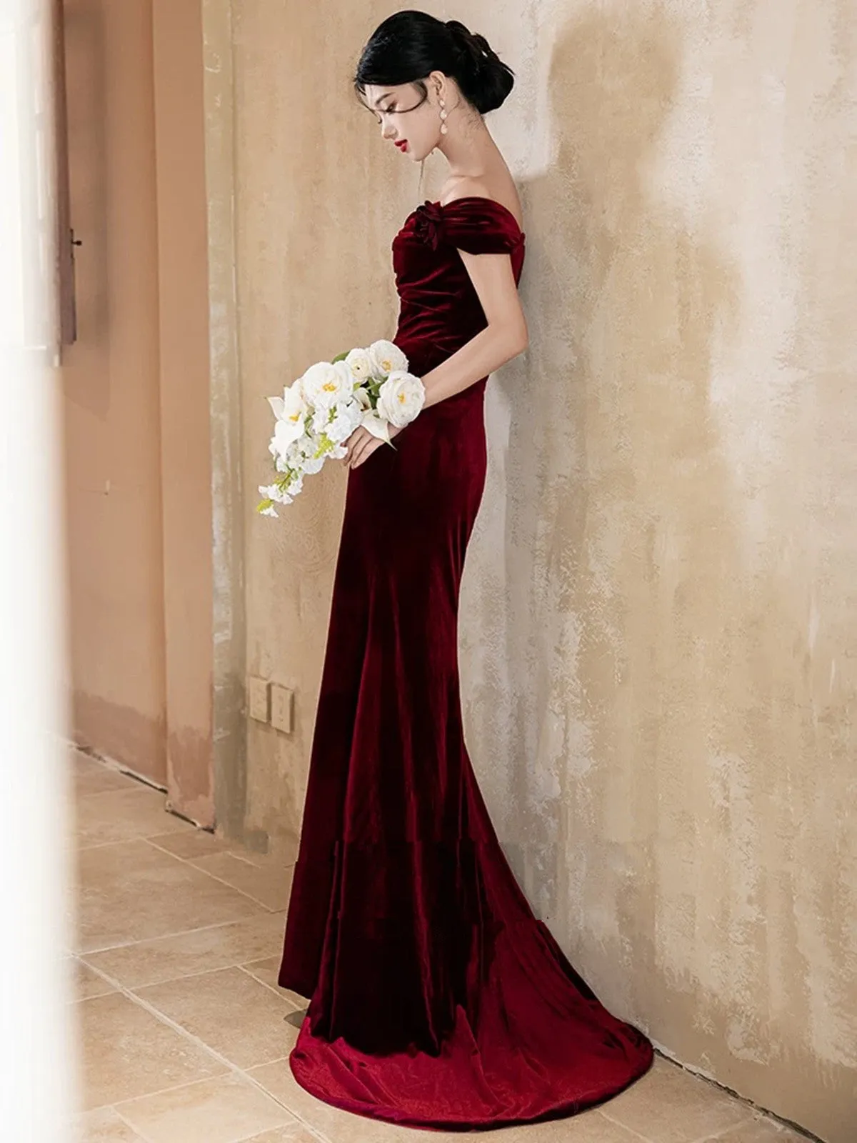 Lovely Velvet Mermaid Off Shoulder Long Prom Dress, Wine Red Wedding Party Dress