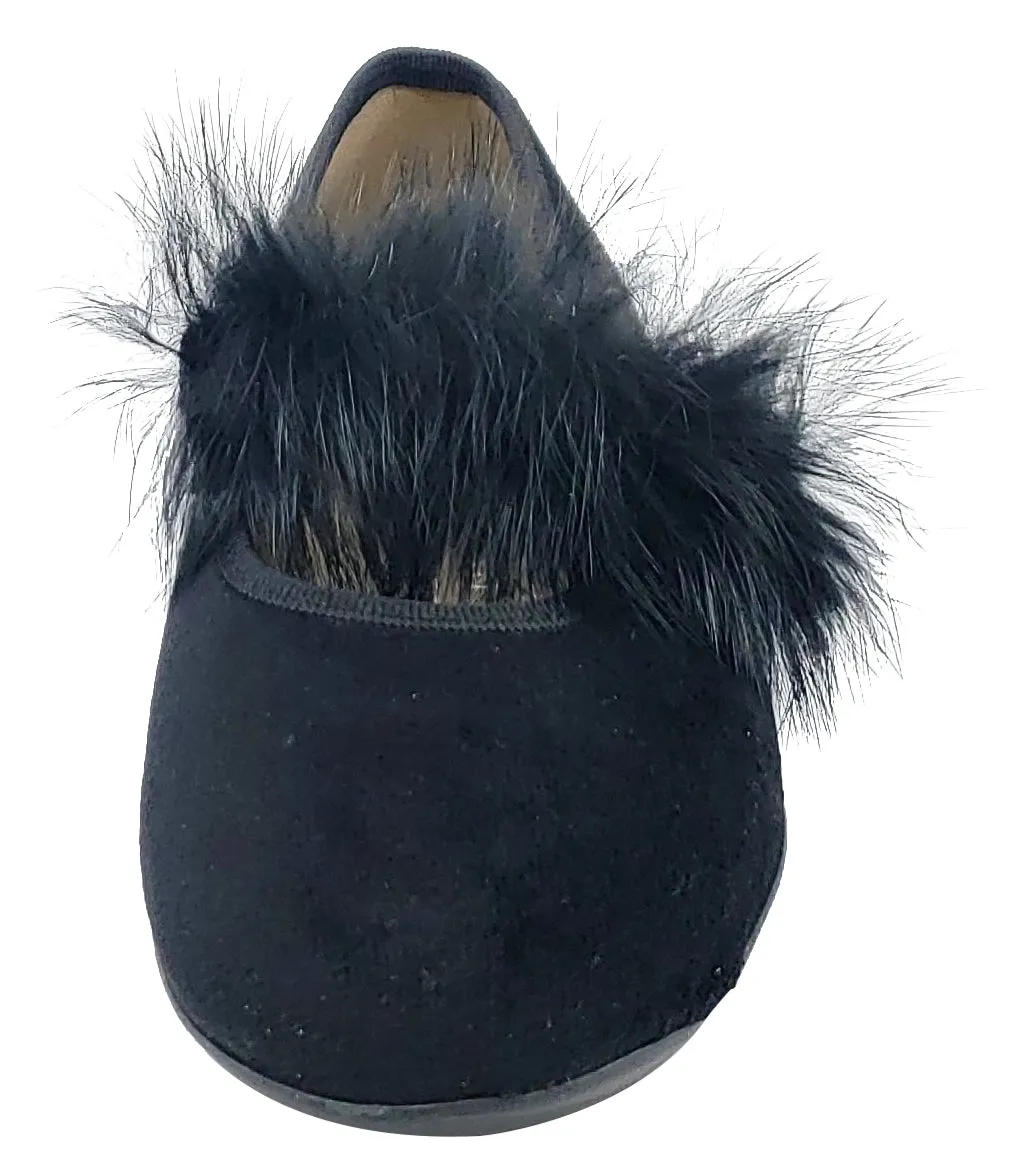 Maria Catalan Girl's Black Velvet Fur Detail Mary Jane