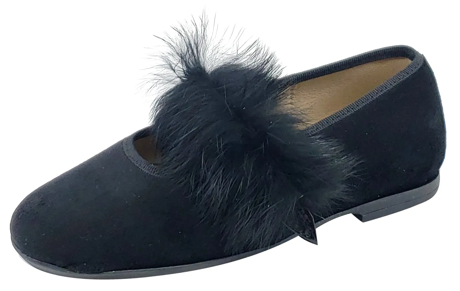 Maria Catalan Girl's Black Velvet Fur Detail Mary Jane