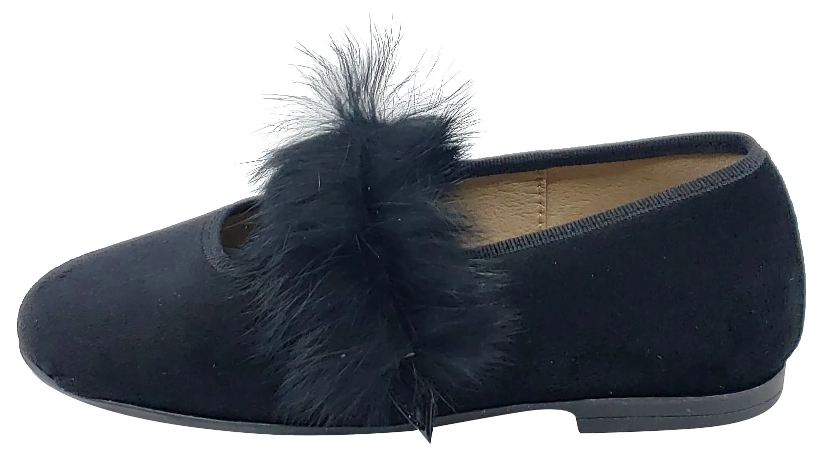 Maria Catalan Girl's Black Velvet Fur Detail Mary Jane