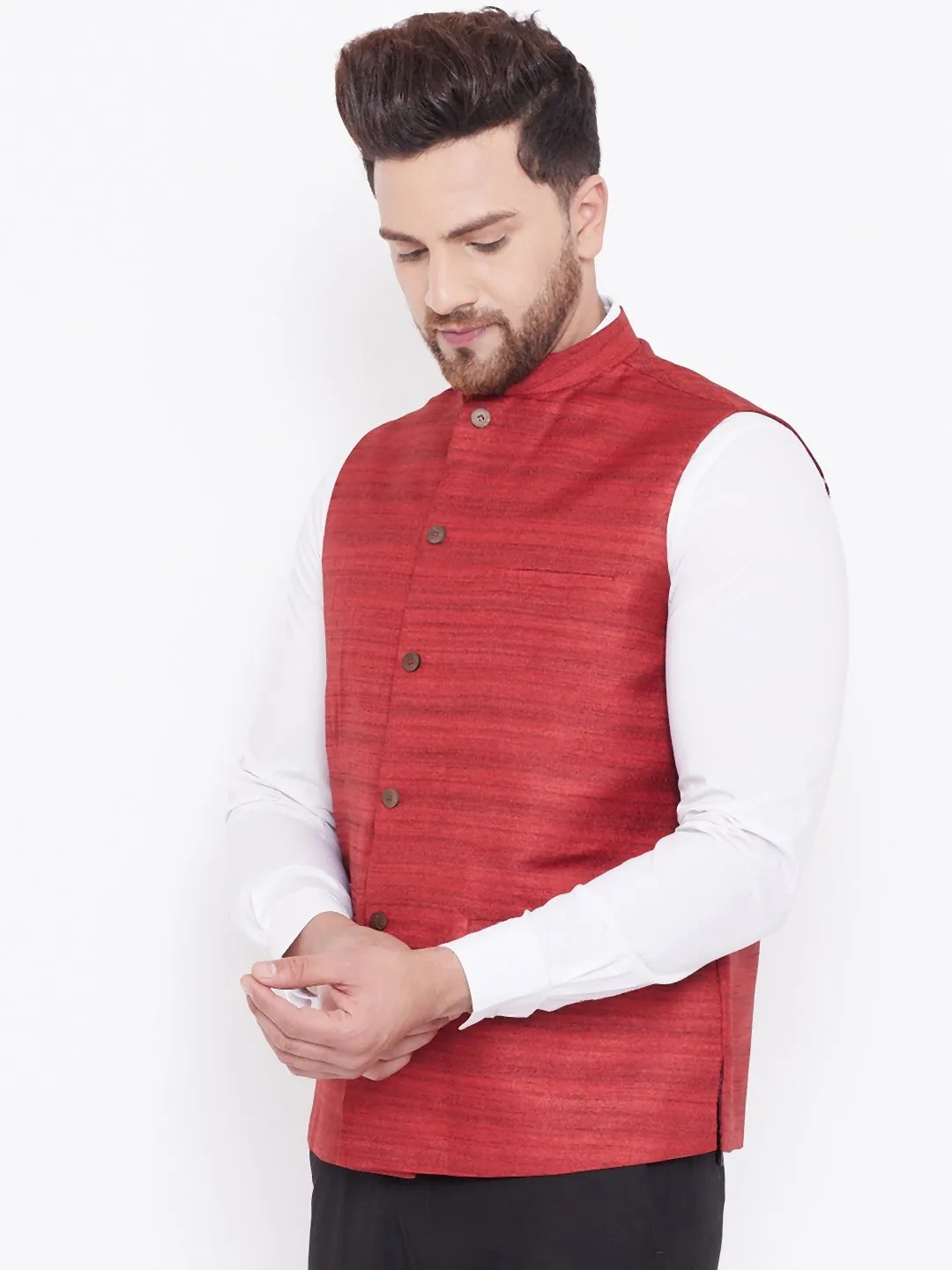 Men's Maroon Silk Blend Nehru Jacket - Vastramay