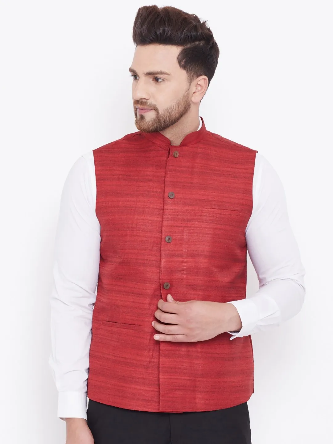 Men's Maroon Silk Blend Nehru Jacket - Vastramay