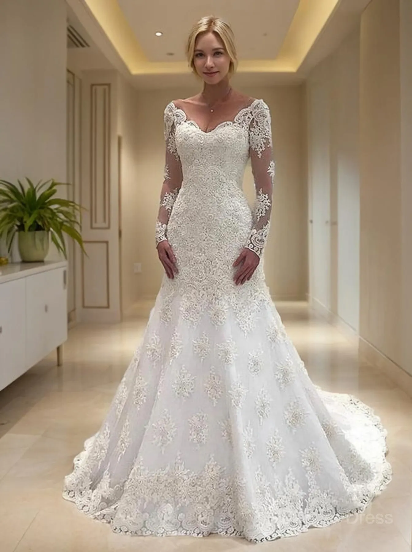 Mermaid V-neck Court Train Lace Wedding Dresses With Appliques Lace