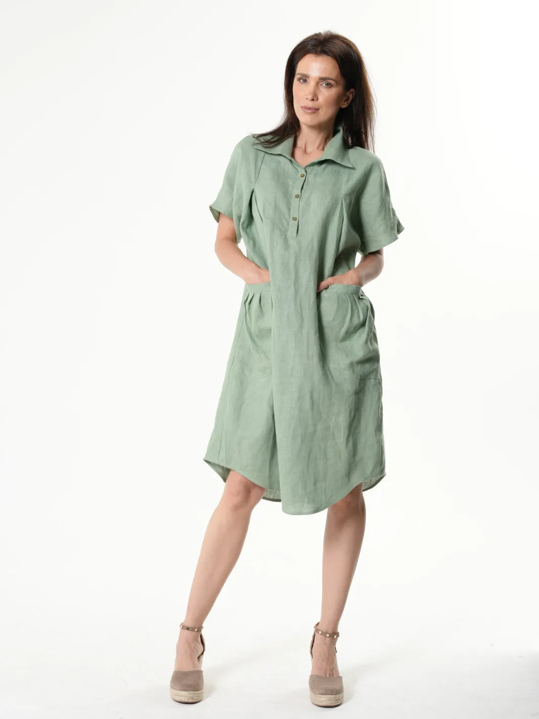 Midi Linen Dress With Side Pockets In Light Green