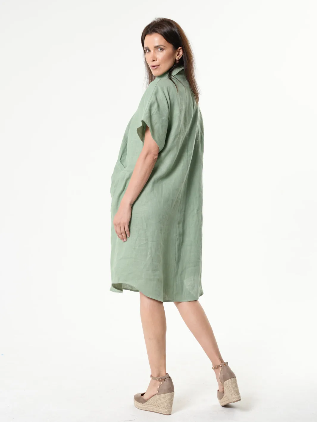 Midi Linen Dress With Side Pockets In Light Green