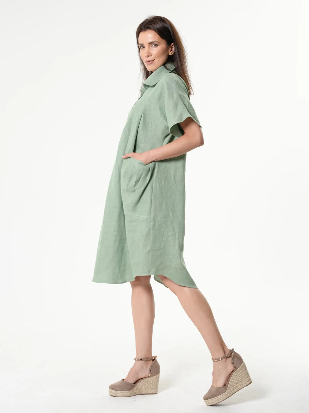 Midi Linen Dress With Side Pockets In Light Green