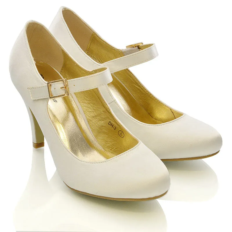 Nadia Strappy Buckle mid Stiletto High Heel Sandals Bridal Shoes for Wedding in Ivory Satin