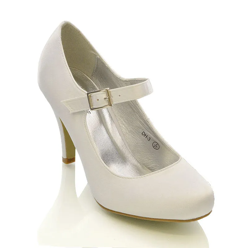 Nadia Strappy Buckle mid Stiletto High Heel Sandals Bridal Shoes for Wedding in White Satin