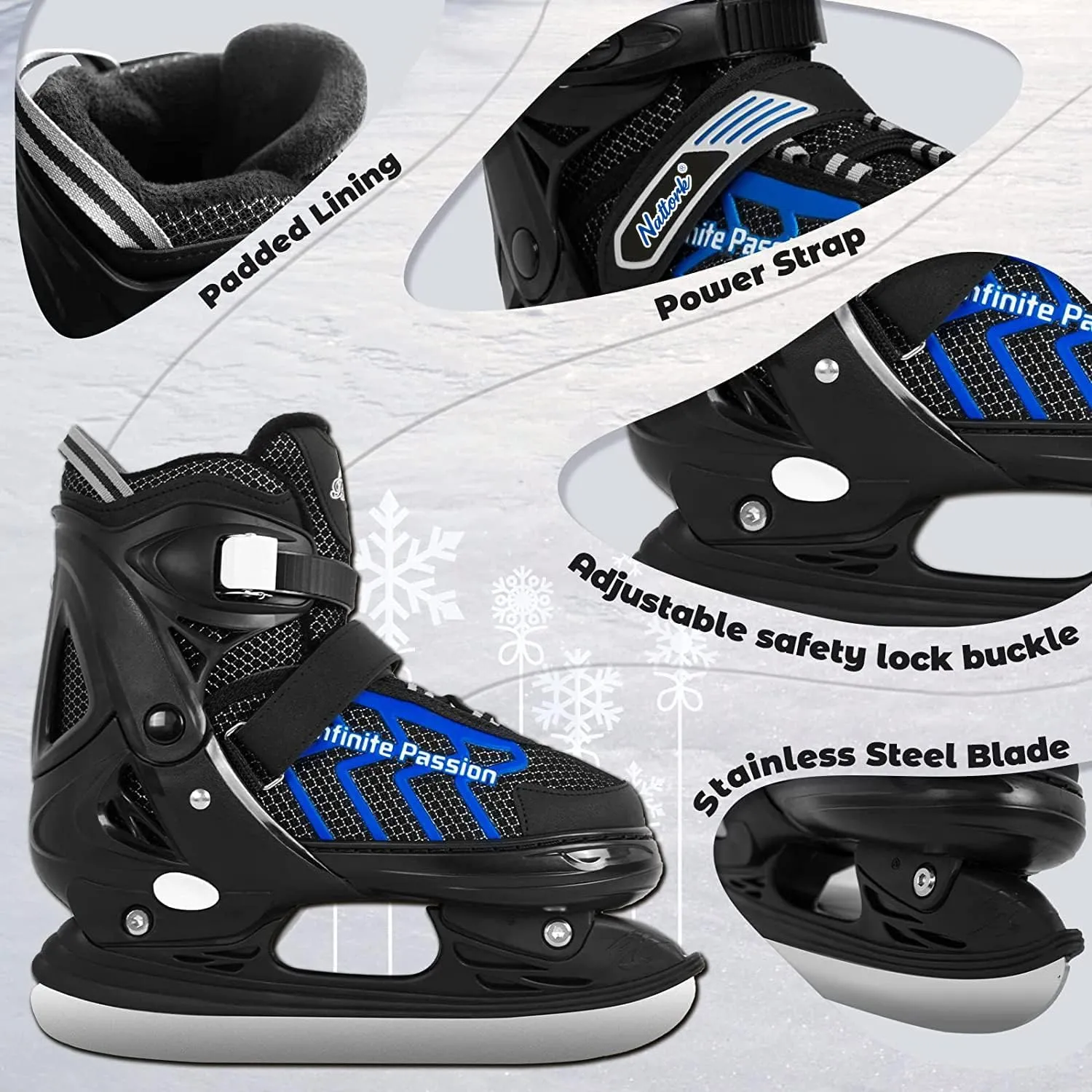 Nattork Adjustable Ice Skates for Kids - Blue