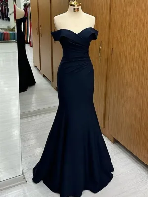 Navy Blue Mermaid Spandex Off Shoulder Party Dress, Navy Blue Prom Dress