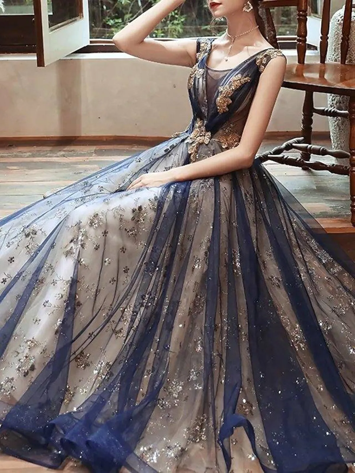 Navy Blue V-neckline Tull and Lace Long Prom Dress, Navy Blue Evening Dress Prom Dress