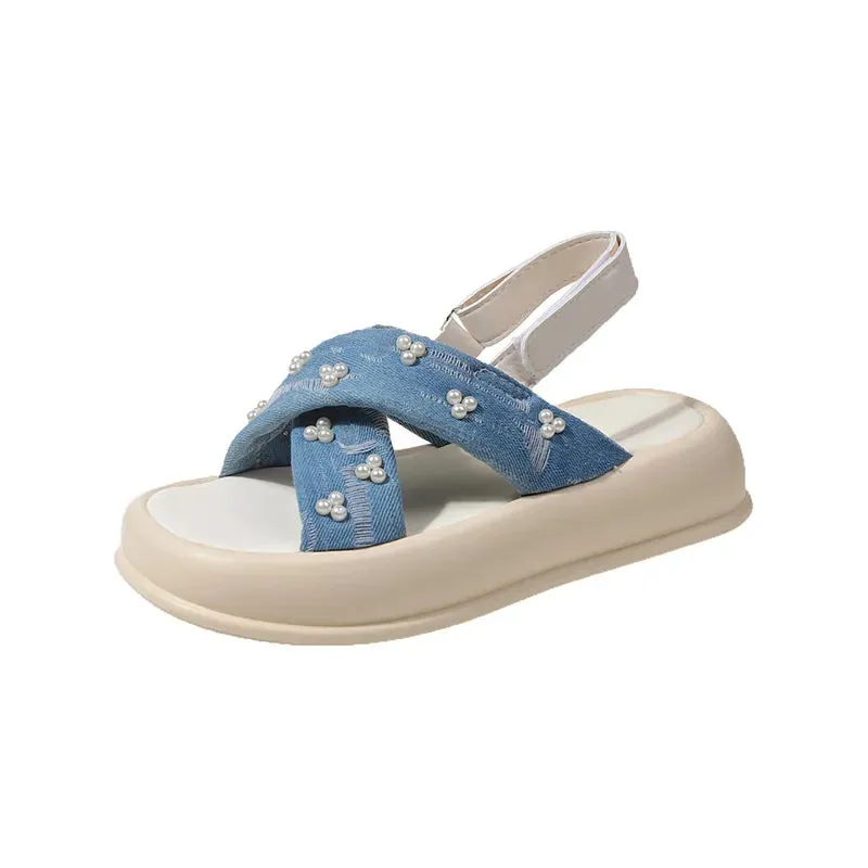 New Thick Sole Cross Pearl Sandals Women's Versatile Casual Slippers GAI