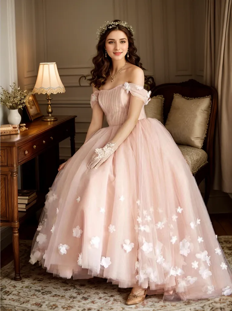 Off the shoulder pleated bodice 3D flower tulle skirt princess ballgown prom dress