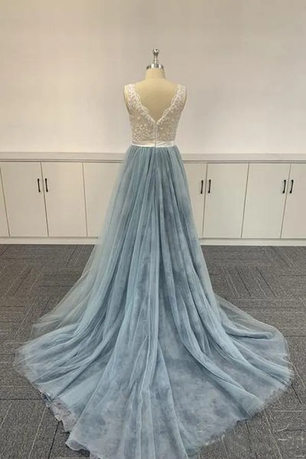 Ombre Soft Tulle Embroidered Lace V Neck Prom Dresses Formal Dresses PSK056