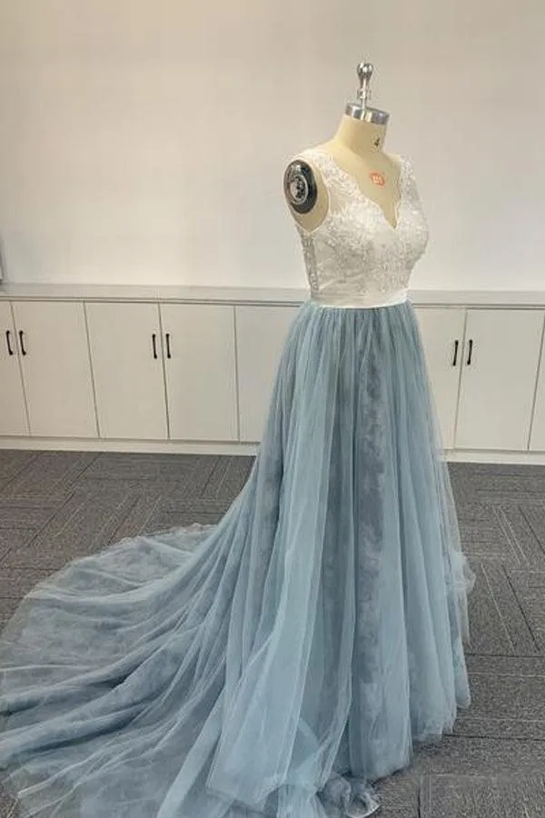 Ombre Soft Tulle Embroidered Lace V Neck Prom Dresses Formal Dresses PSK056