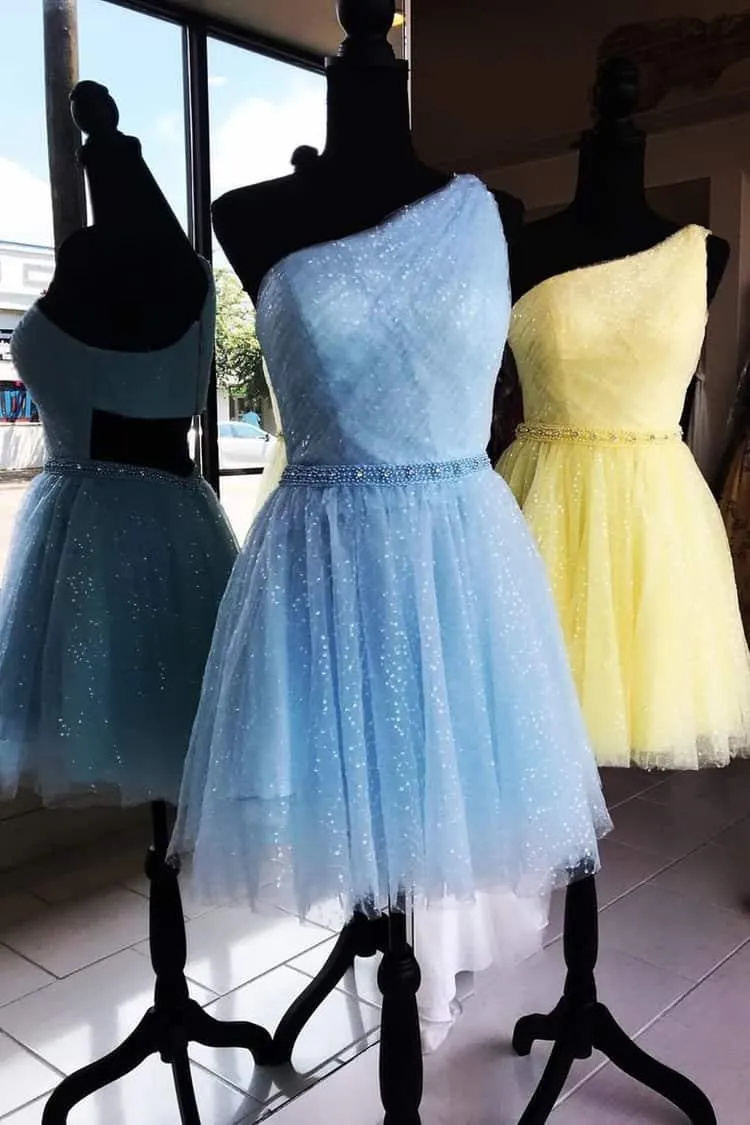 One Shoulder Yellow Chic Tulle Homecoming Dress Cute Graduation Dress  PD374