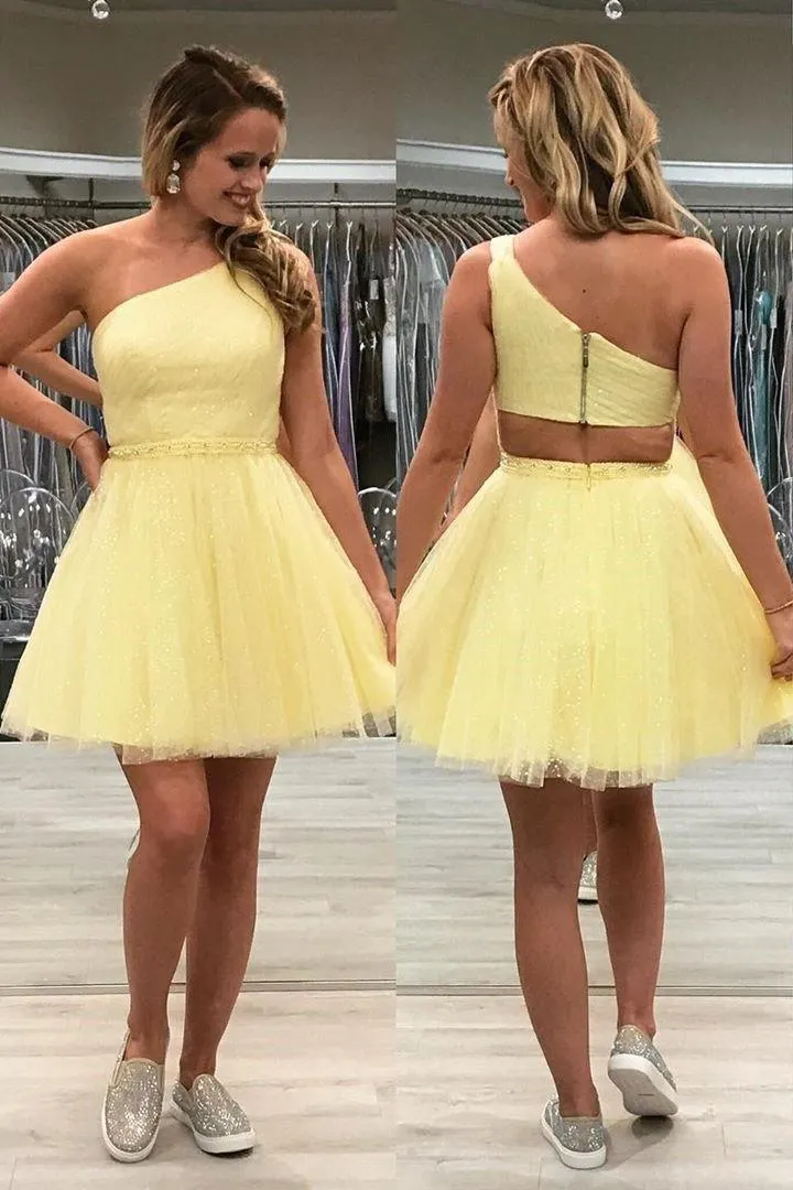 One Shoulder Yellow Chic Tulle Homecoming Dress Cute Graduation Dress  PD374