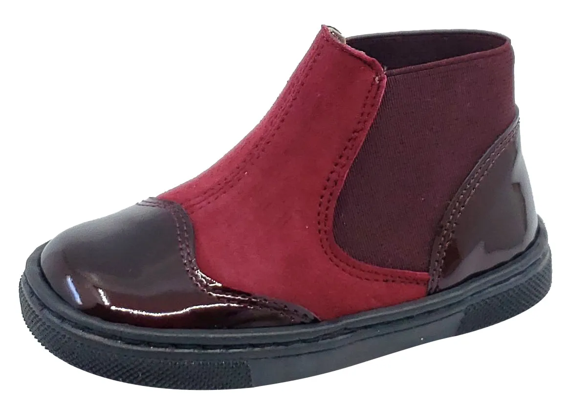 Pataletas for Boy's and Girl's Burgundy Leather Patent Suede Elastic Side Slip On Bootie