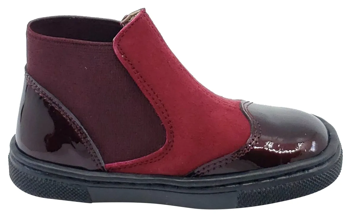 Pataletas for Boy's and Girl's Burgundy Leather Patent Suede Elastic Side Slip On Bootie