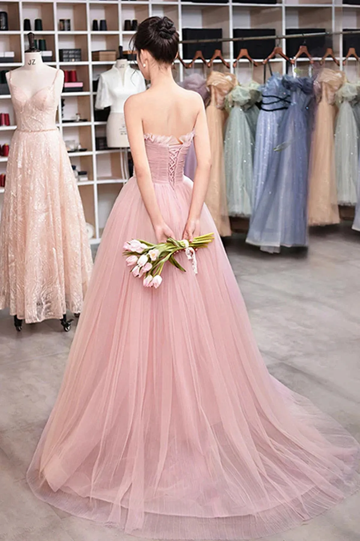 Pink Scoop Lace-up Tulle Long Prom Dress, Pink Tulle Evening Dress Party Dress