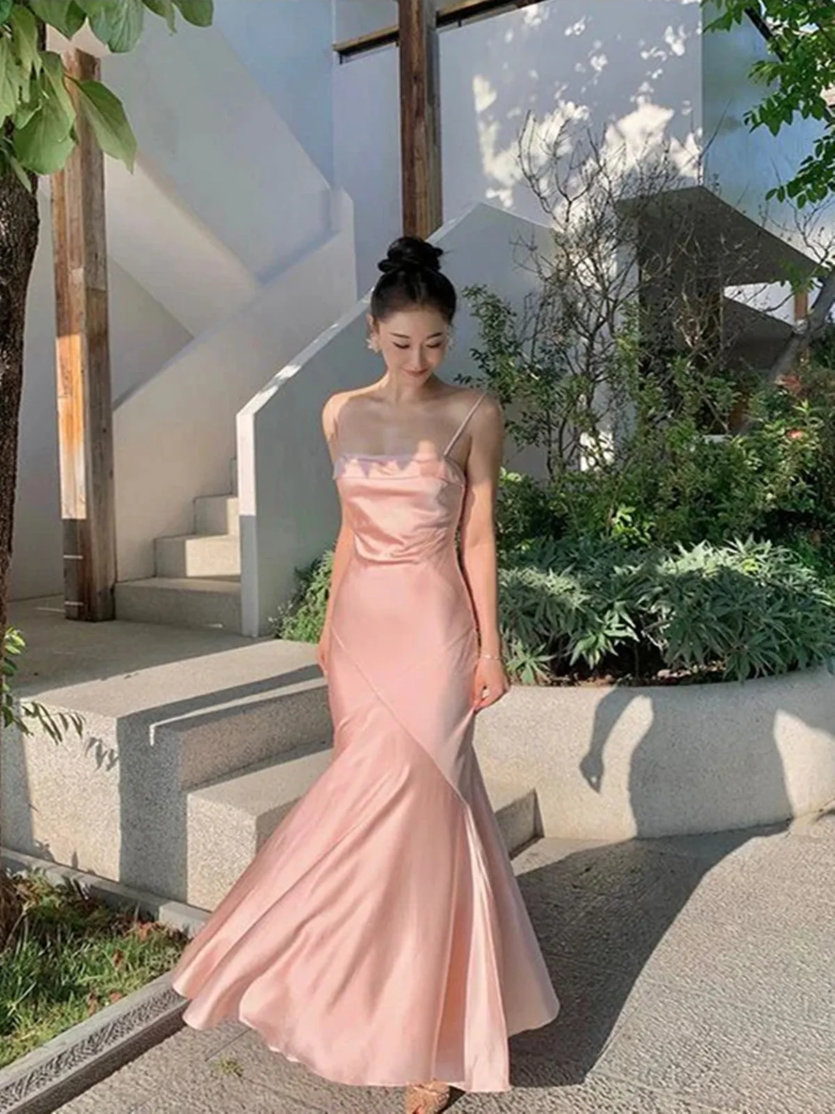 Pink Soft Satin Spaghetti Straps Mermaid Long Prom Dress, Pink Satin Party Dress