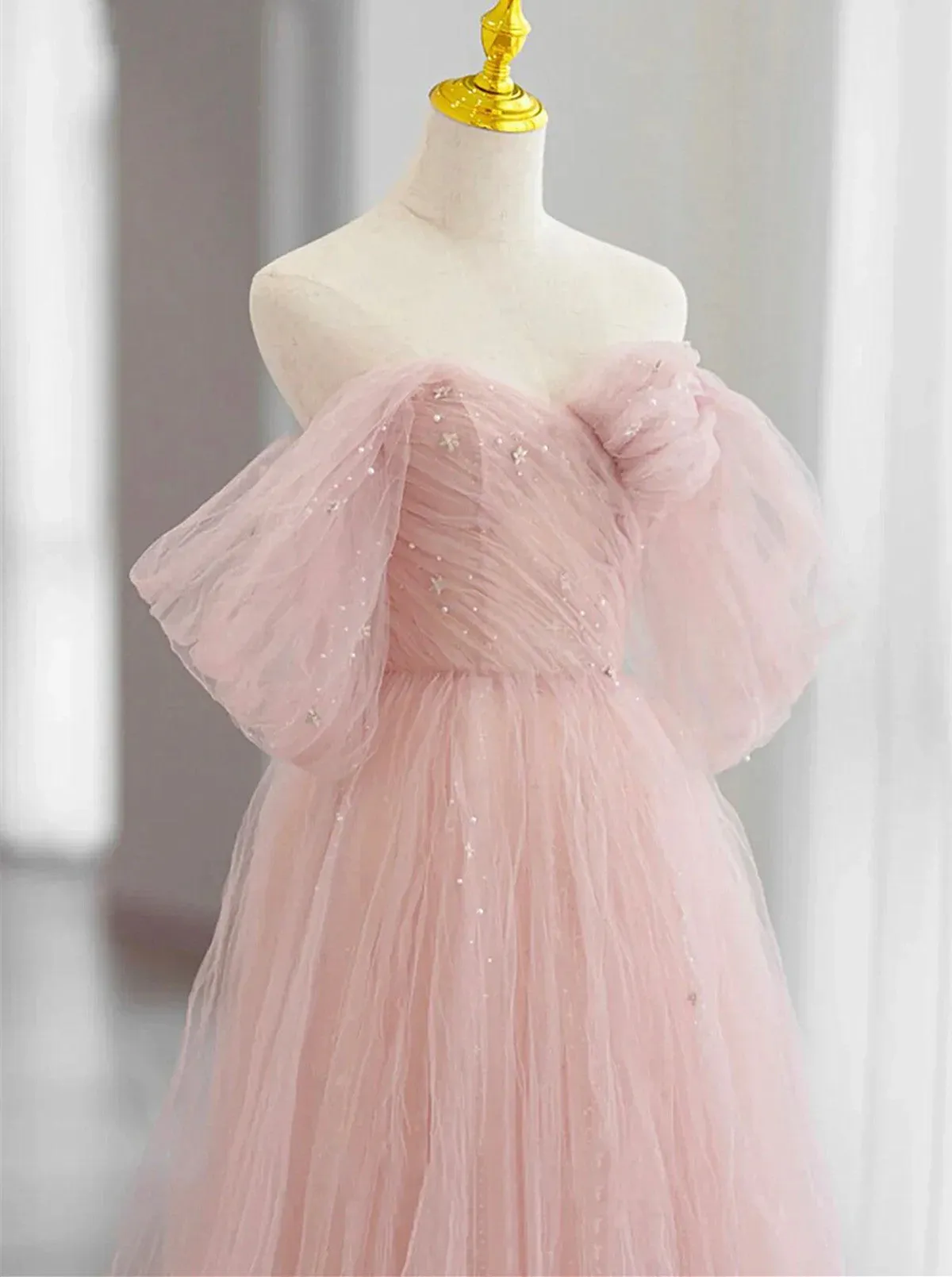 Pink Tulle Sweetheart Off Shoulder Party Dress, Pink Long Prom Dress