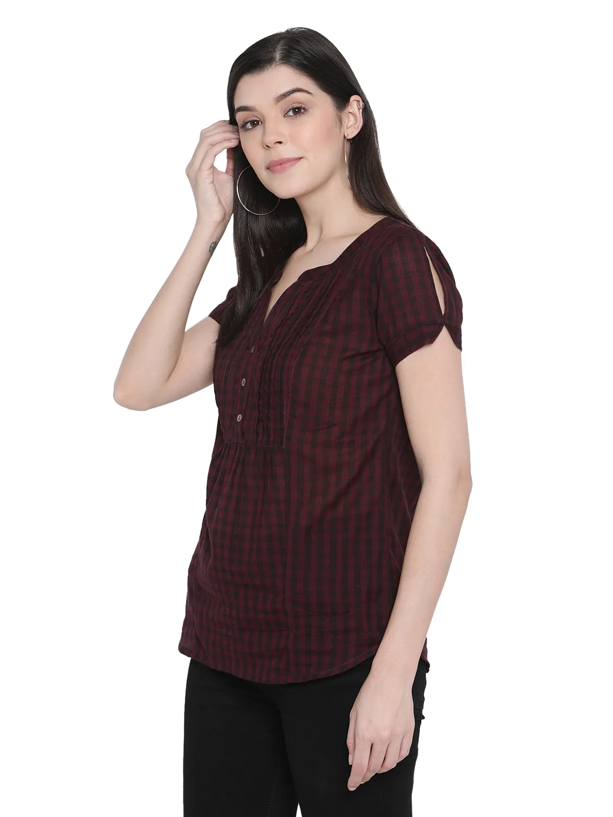 PORSORTE Women's 100% Cotton Dyed checks Wine Shirt