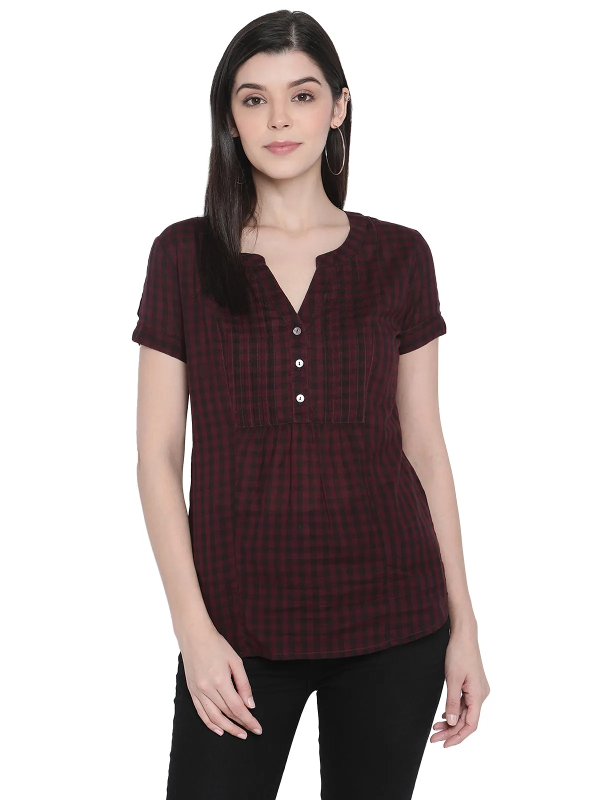 PORSORTE Women's 100% Cotton Dyed checks Wine Shirt