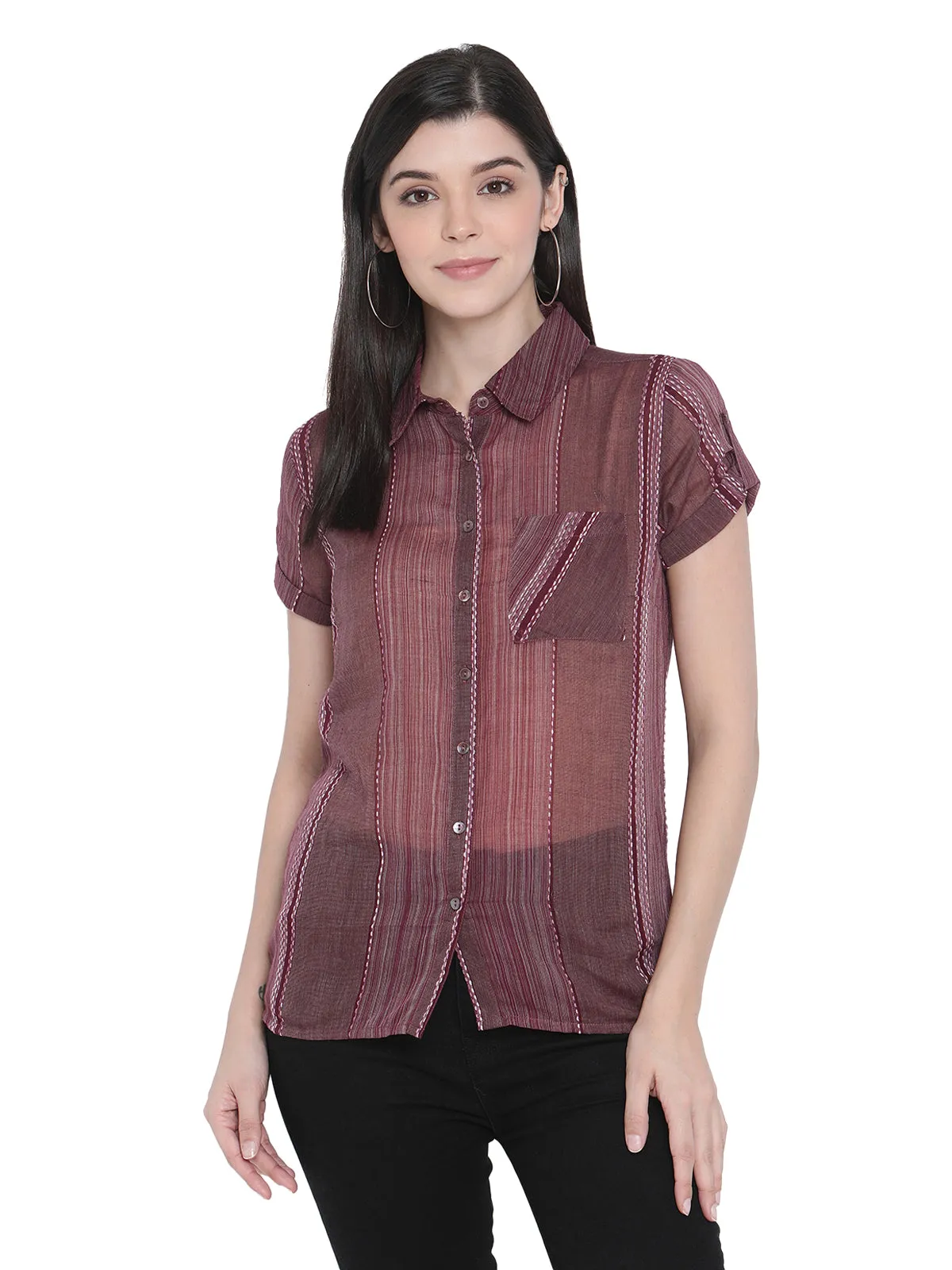 PORSORTE Women's 100% Cotton Striped Wine Shirt