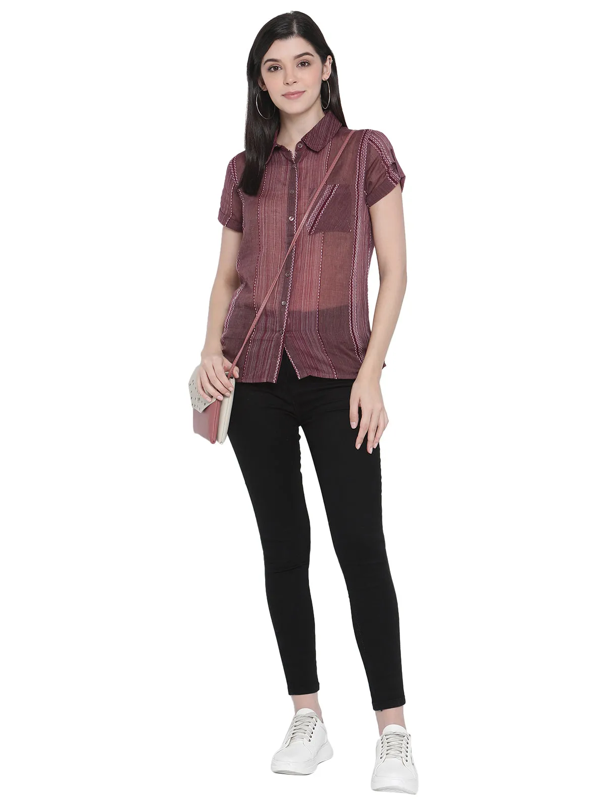 PORSORTE Women's 100% Cotton Striped Wine Shirt