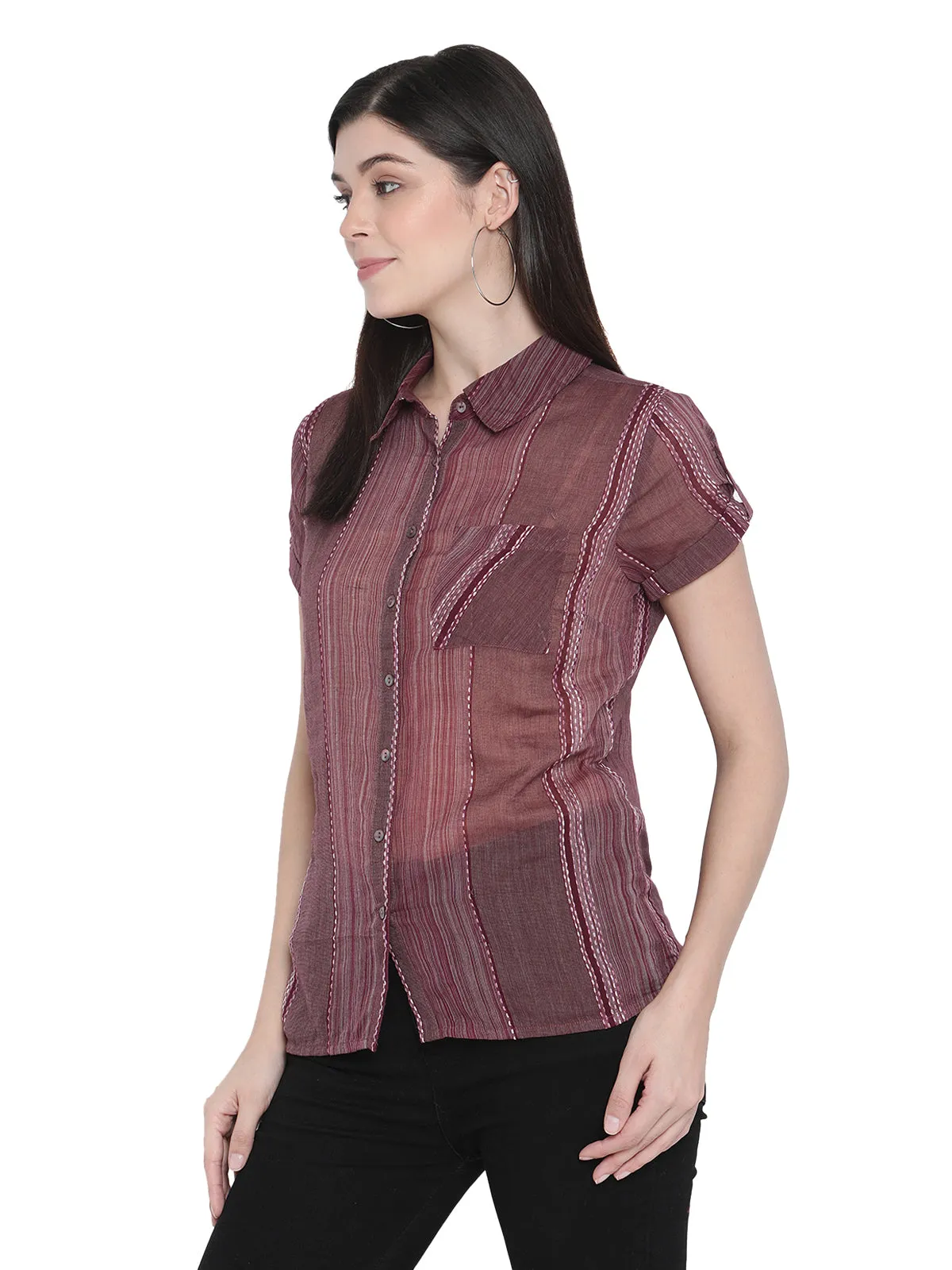 PORSORTE Women's 100% Cotton Striped Wine Shirt