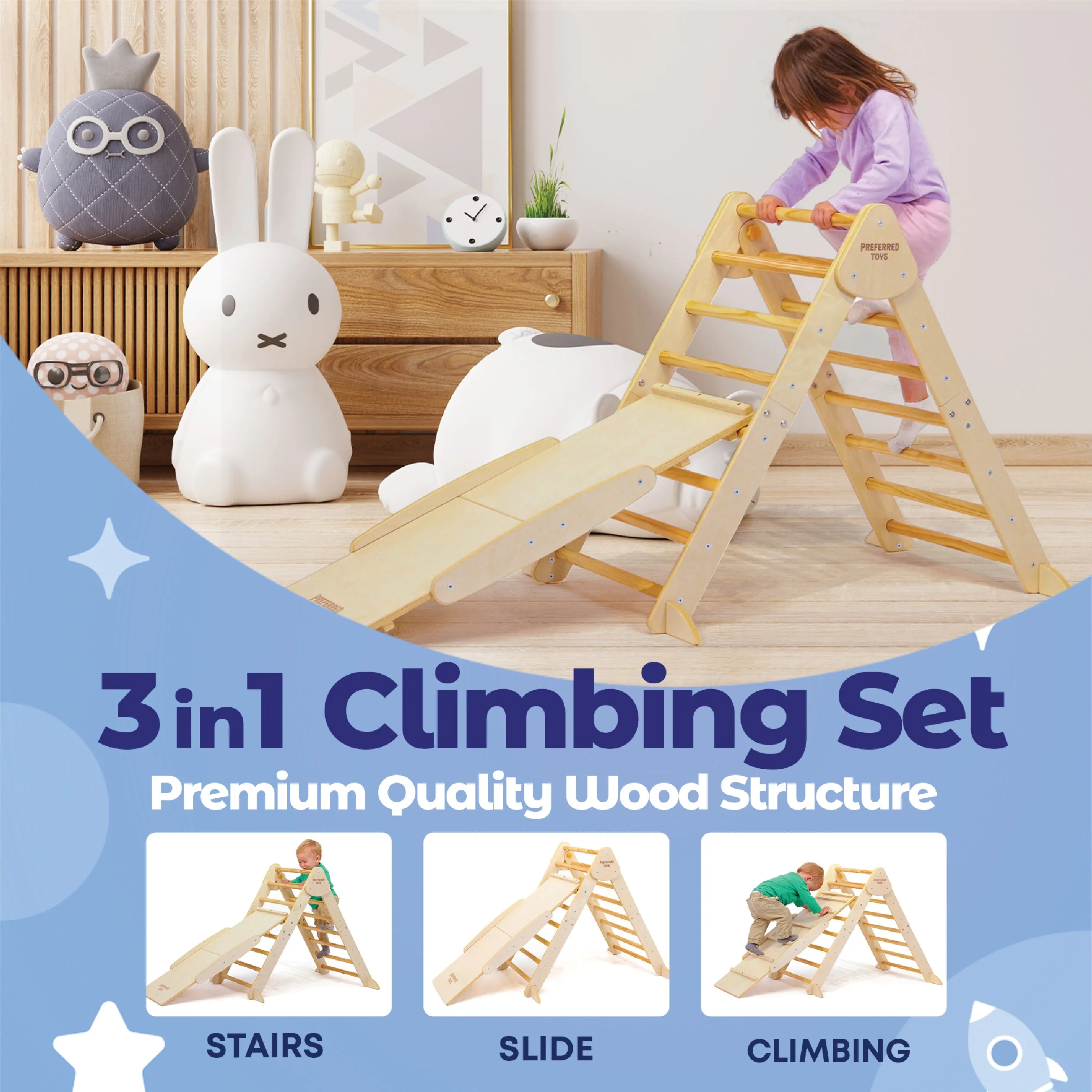 Preferred Toys Pikler Triangle - 3 in 1 Montessori Climbing Set with Slide & Climber Wall - Foldable Kids Indoor Play Equipment Gym for Boys & Girls