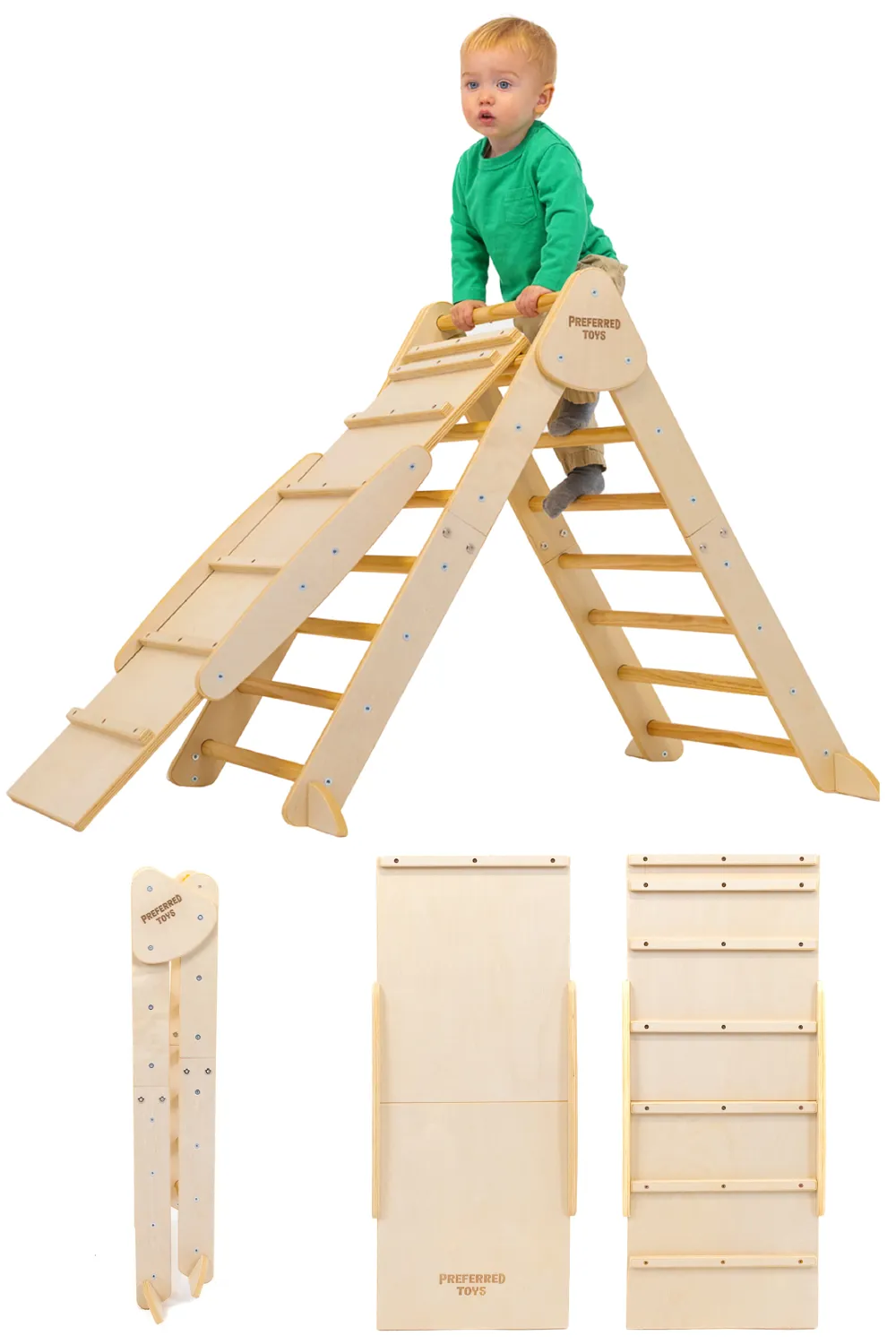 Preferred Toys Pikler Triangle - 3 in 1 Montessori Climbing Set with Slide & Climber Wall - Foldable Kids Indoor Play Equipment Gym for Boys & Girls