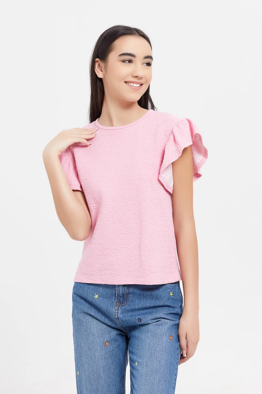 Senior Girls Pink Ruffle Sleeve Top