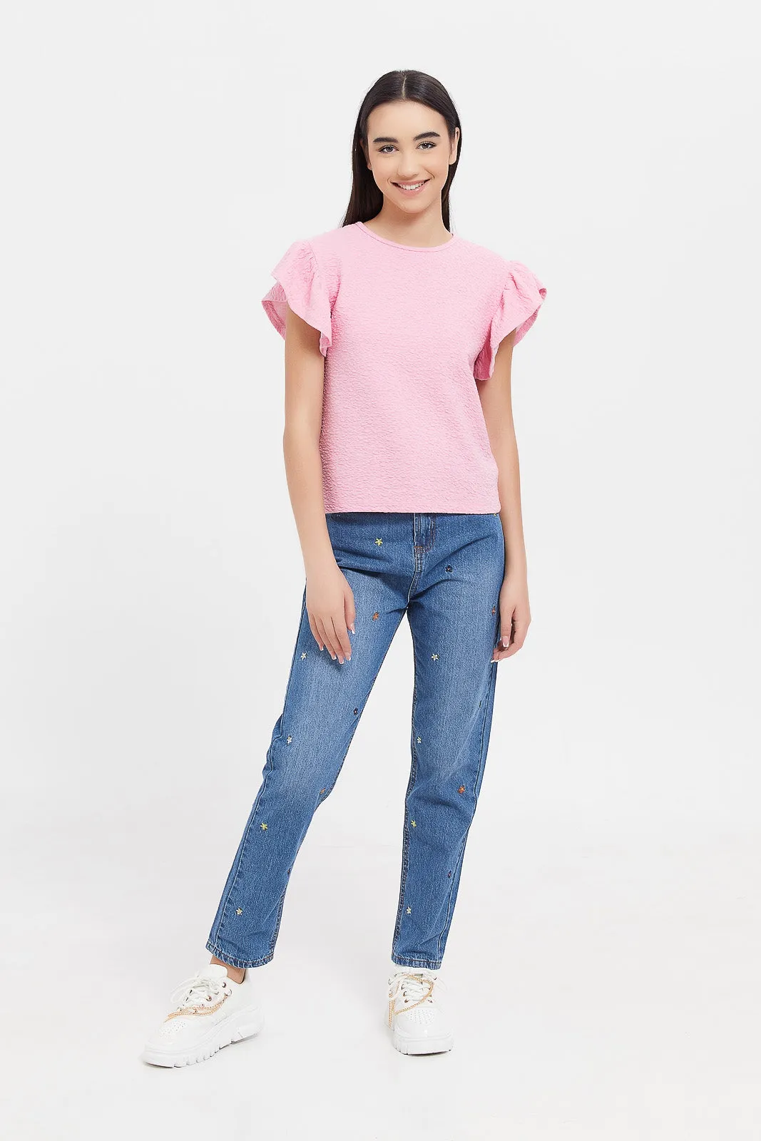 Senior Girls Pink Ruffle Sleeve Top