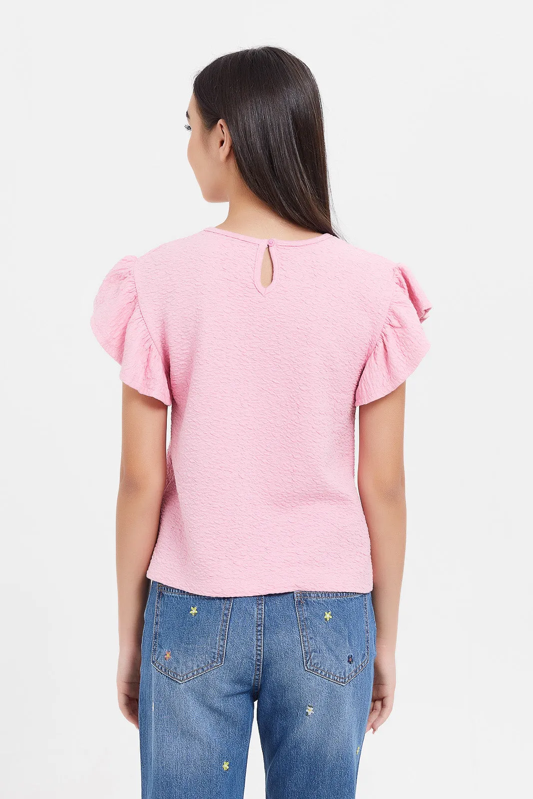 Senior Girls Pink Ruffle Sleeve Top