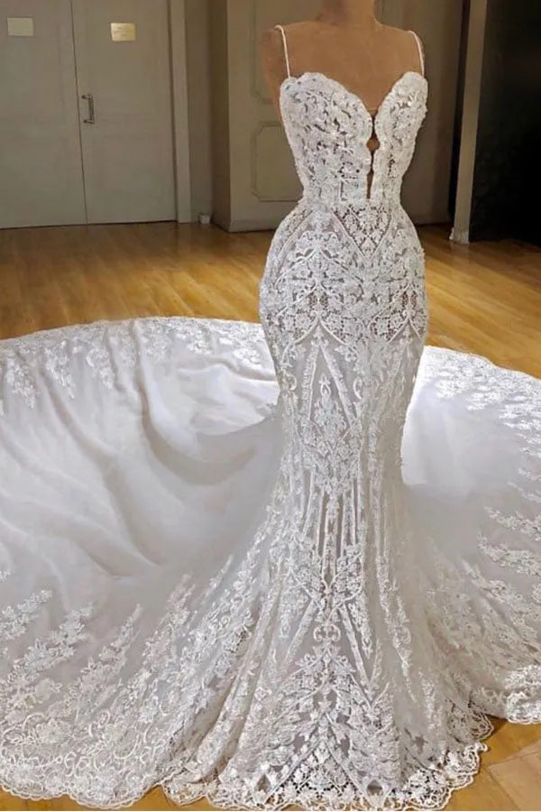 Sexy Long Mermaid V-neck Spaghetti Straps Appliques Lace Wedding Dress