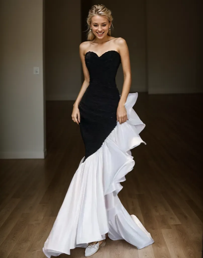 Sexy strapless black sequin mesh ruffled organza mermaid prom dress