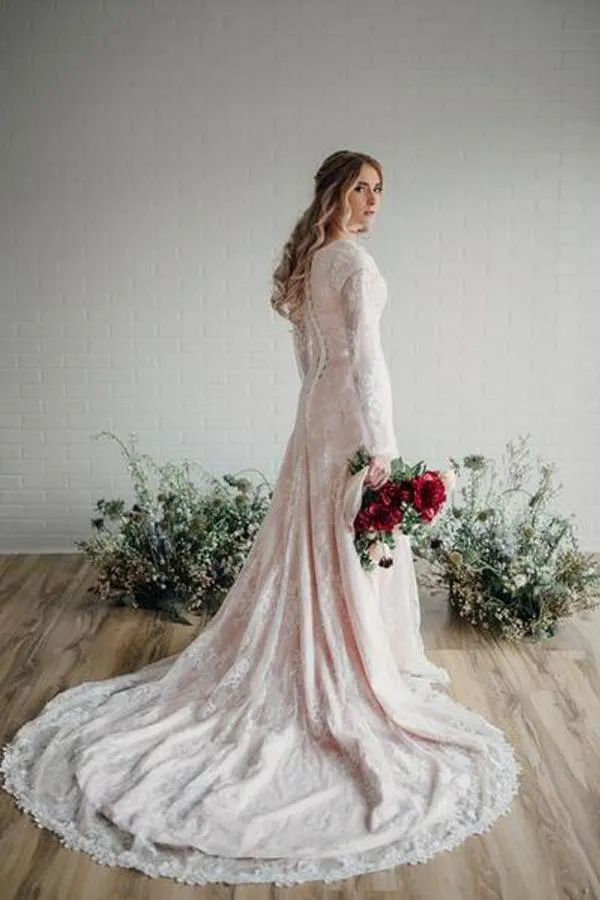 Sheer Long Sleeves Lace Modest Bride Dress Wedding Gown WD530