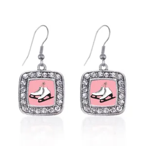 Silver Figure Skates Square Charm Dangle Earrings