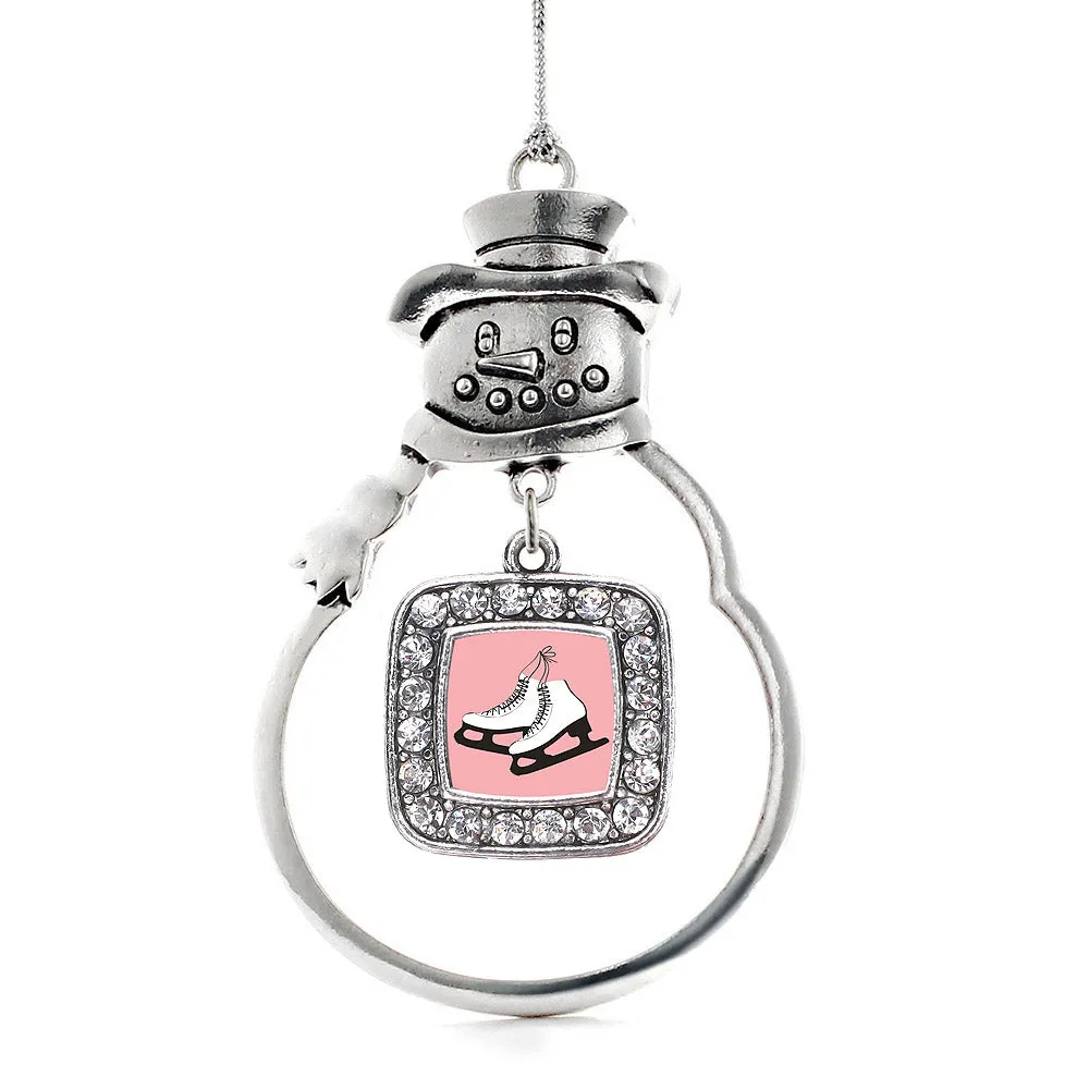 Silver Figure Skates Square Charm Snowman Ornament