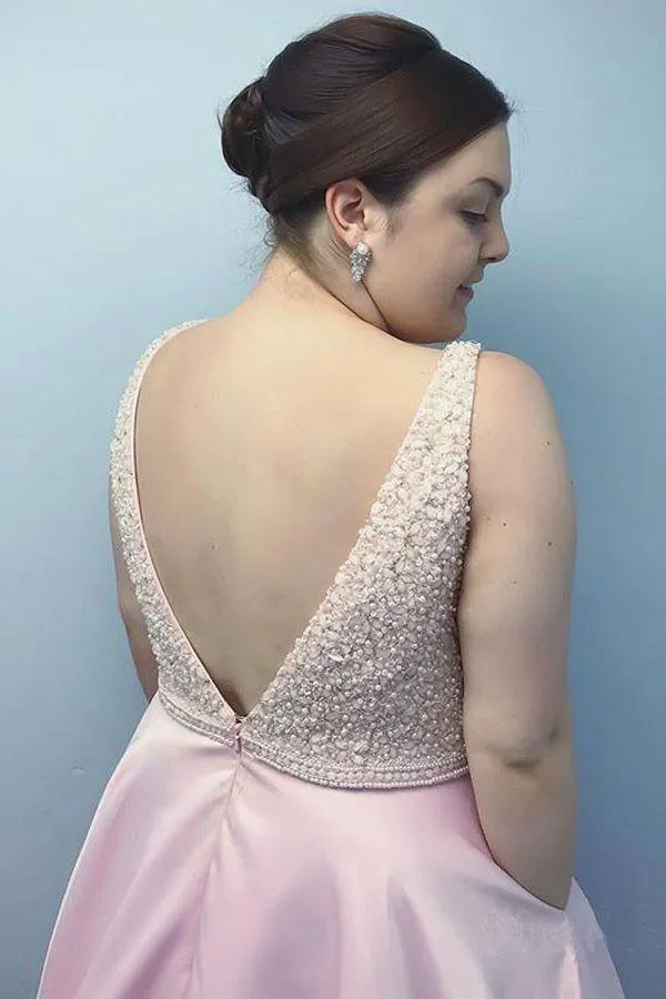 Simple Pink Satin Long Prom Dresses with Pockets Beaded Plus Size PG838