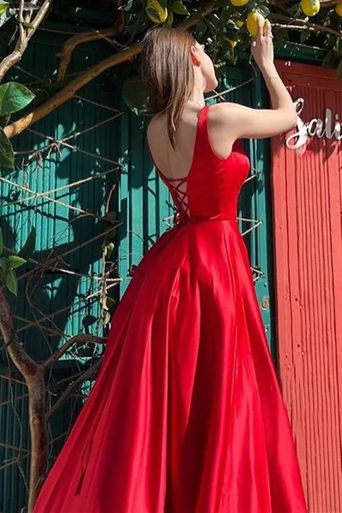 Simple Red Satin High Slit Long Prom Dress, Long Red Formal Evening Dress  UQP0038