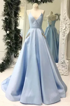 Simple V Neck Sky Blue Satin Long Prom Dresses with Pocket PG807