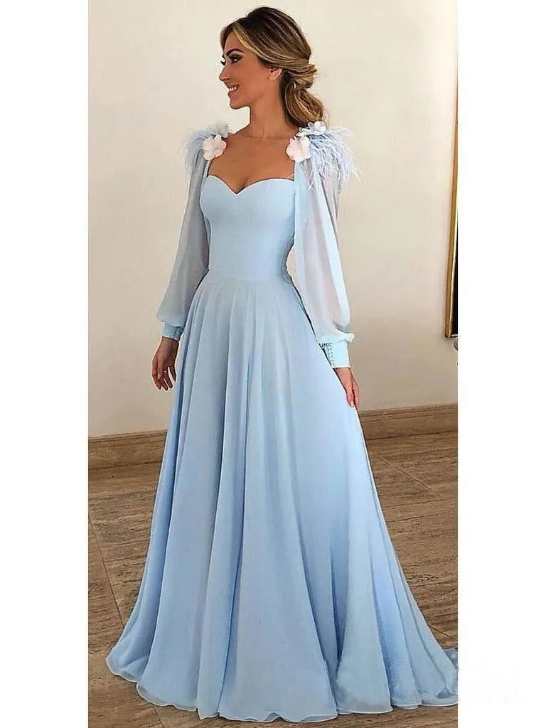 Sky Blue Long Chiffon Prom Dresses with Sleeves Formal Dresses PG803