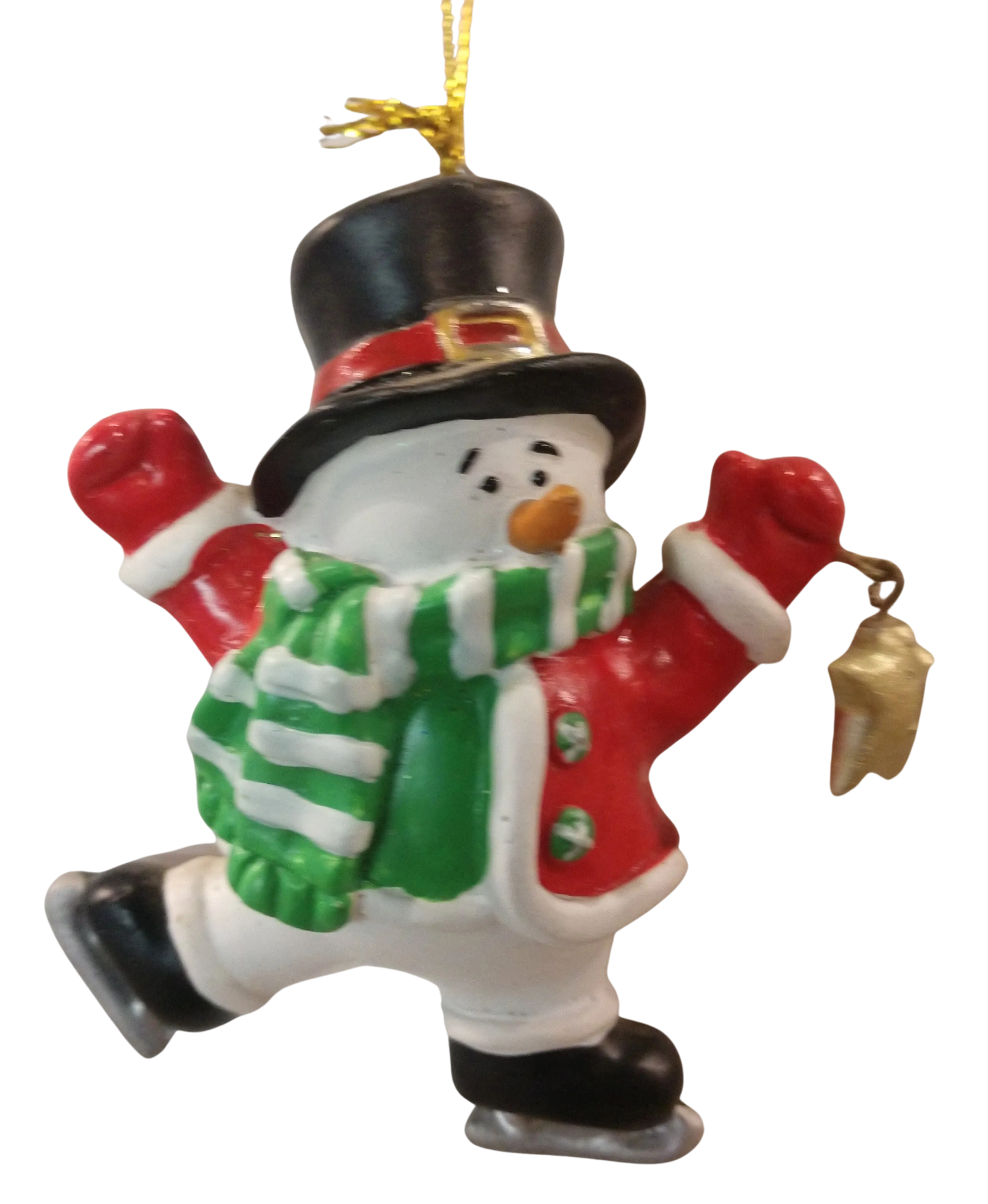 Snowman ornament with ice skates black hat/red/green jacket resin 4"