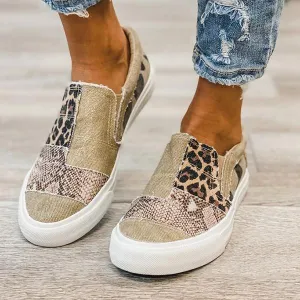 Sohiwoo  Women Vintage Sneakers Casual Loafers Pieced Raw Edge Animal Print Canvas Slip-On Flats